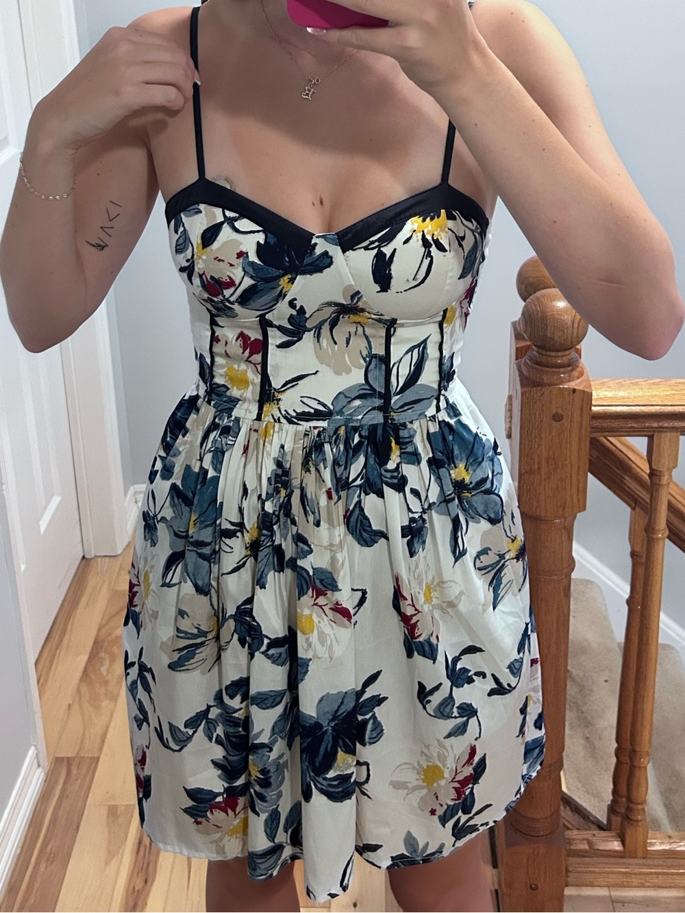 Floral Sweetheart Mini Dress in White and Blue